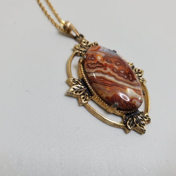 Red Orange Madagascar Agate Necklace‎ Gold Tone Gem - Picture 4 of 7